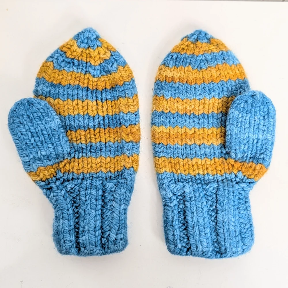 Hand Knitted Mittens Small Kid's Size Blue and Gold